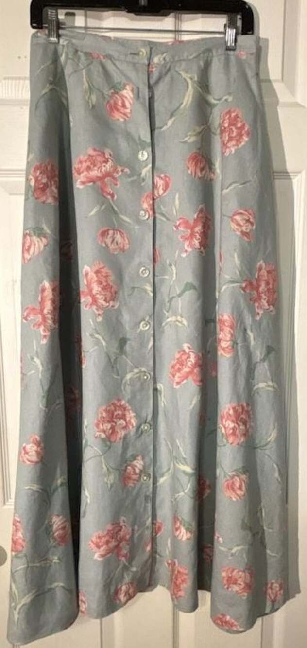 Lauren Ralph Lauren Skirt Size 10 Blue Floral Linen Long Maxi Button Front